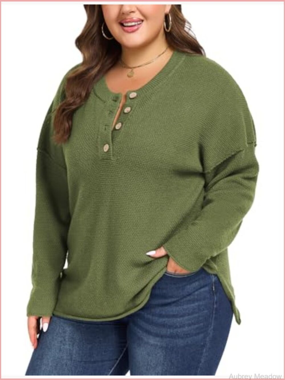 Plus Size Long Sleeve V Neck Button Henley Sweater Top Loose Knit Pullover - Picture 4 of 7